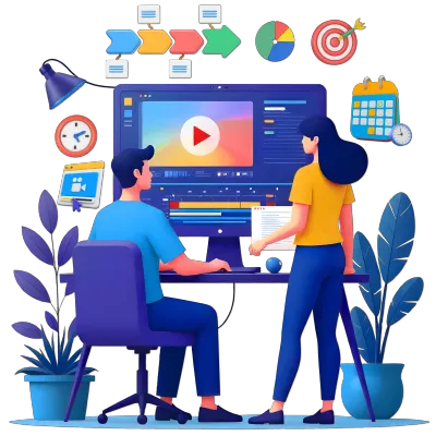 3D illustration of two people working on video editing and motion graphics content creation.