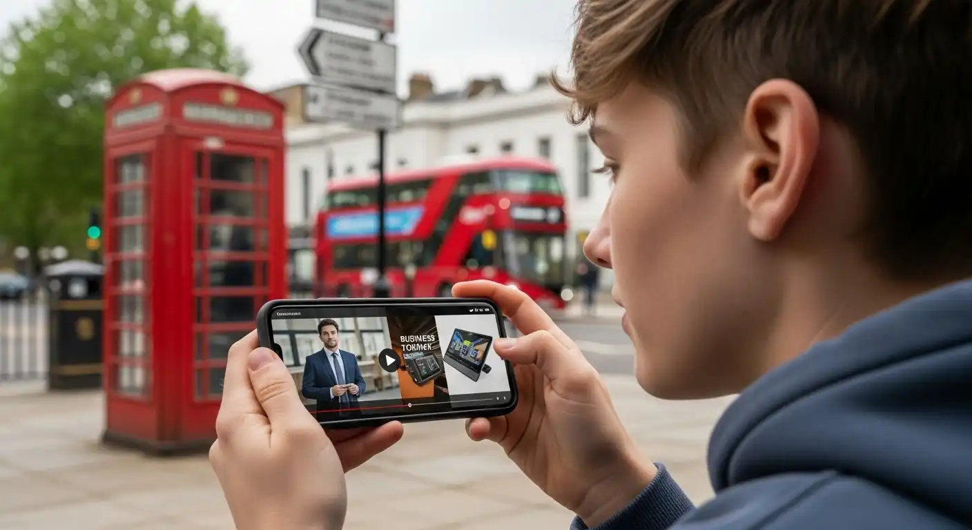 British customer watching explainer video ad on smartphone