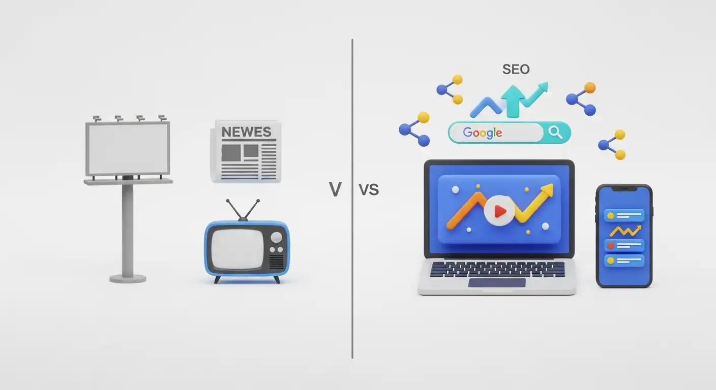 Comparison showing traditional ads vs motion graphics videos improving SEO and digital presence for UK businesses