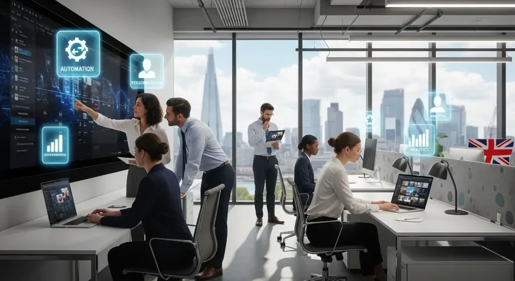 Dynamic 3D scene of UK businesspeople interacting with AI video content, highlighting automation and personalized marketing.