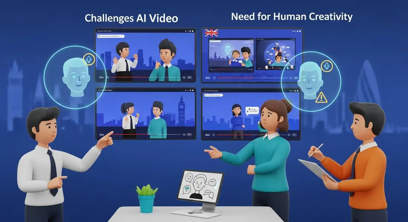 Photorealistic 3D scene showing challenges of AI video creation in the UK generic videos, need for human creativity, and ethical considerations, fully visual
