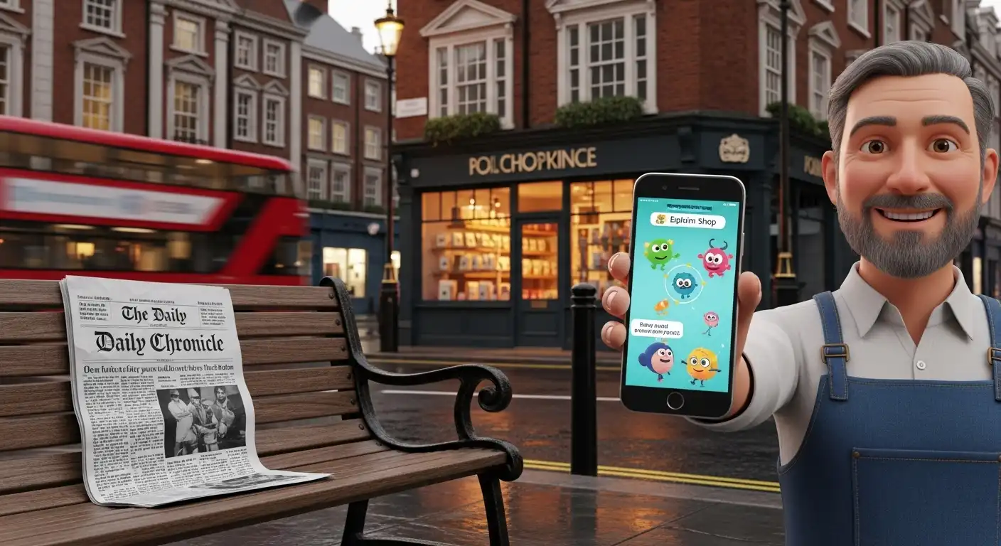 Small shop owner in London street showing animated explainer video on smartphone, with red London bus in background, contrasting old newspaper ad