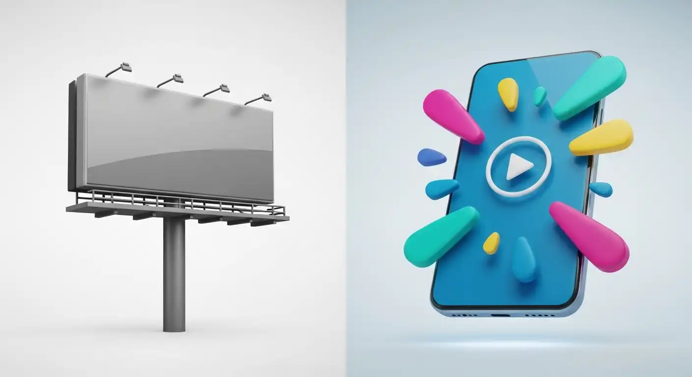 Split-screen infographic with 3D icons showing a static grey billboard on the left and a glowing smartphone with animated motion graphics on the right